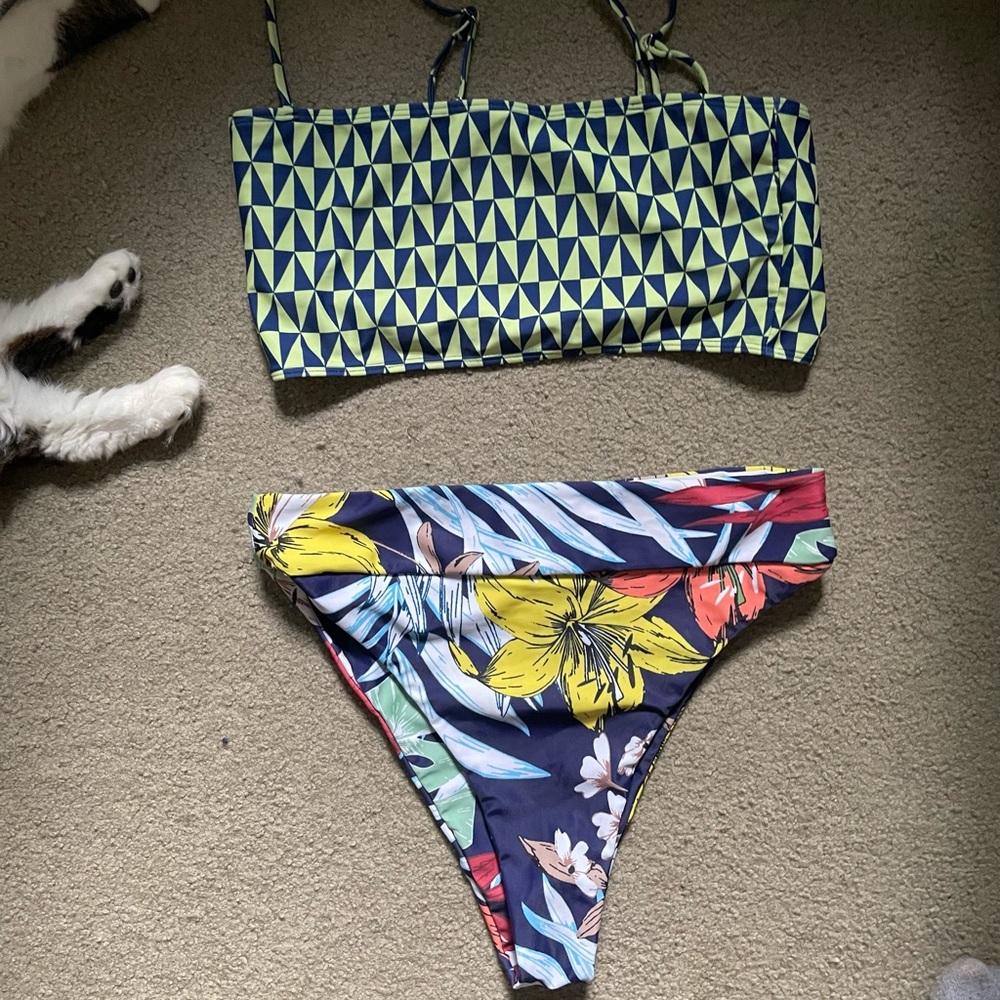 cute high waisted floral & geometric bikini set